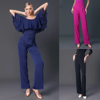 Сини панталони за латино танци, танцови, Модни модерни панталони за танци с висока талия, дамски панталони национален стандарт SL7332