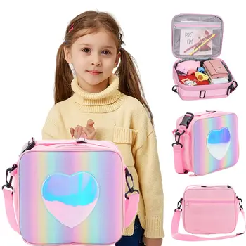 Чанта за обяд Rainbow Любовни Сърце Лазерна Преносима Голяма чанта за Bento за деца и Момичета, Термоизолированный охладител на рамото, кутия за пикник