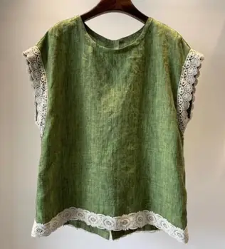 Японски Реколта памук, ленени блузи за жени, Лятна Лейси Връхни облекла в стил мозайка с отворен гръб, Пуловер, риза, Дамска блуза Mujer